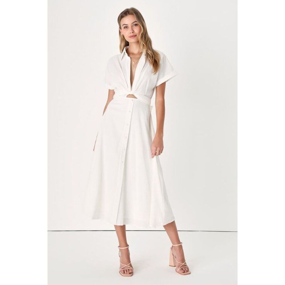 Lulus Palermo Perfection White Collared Midi Dress With Pockets - Size XS